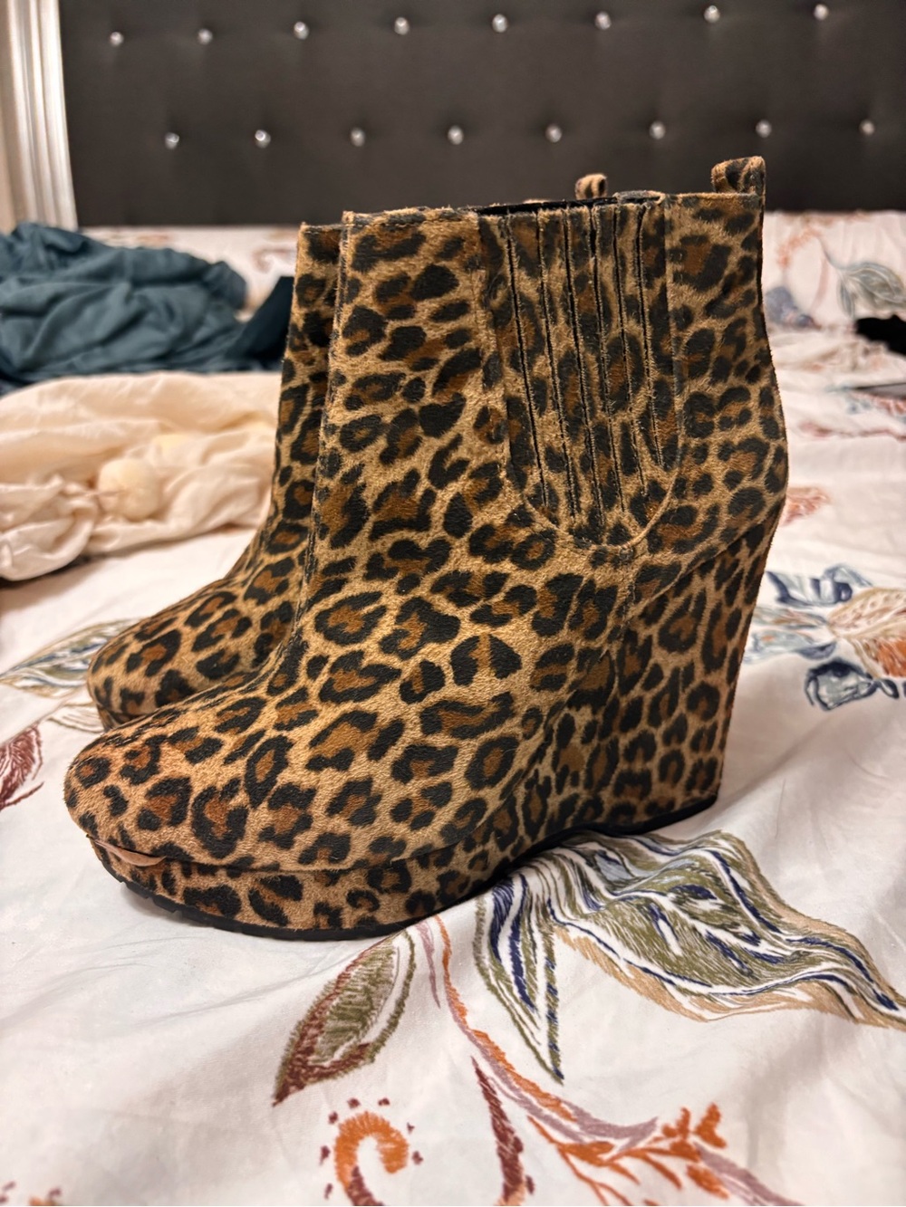 BCBGeneration Leopard Print Wedge Booties in Tan and Black
